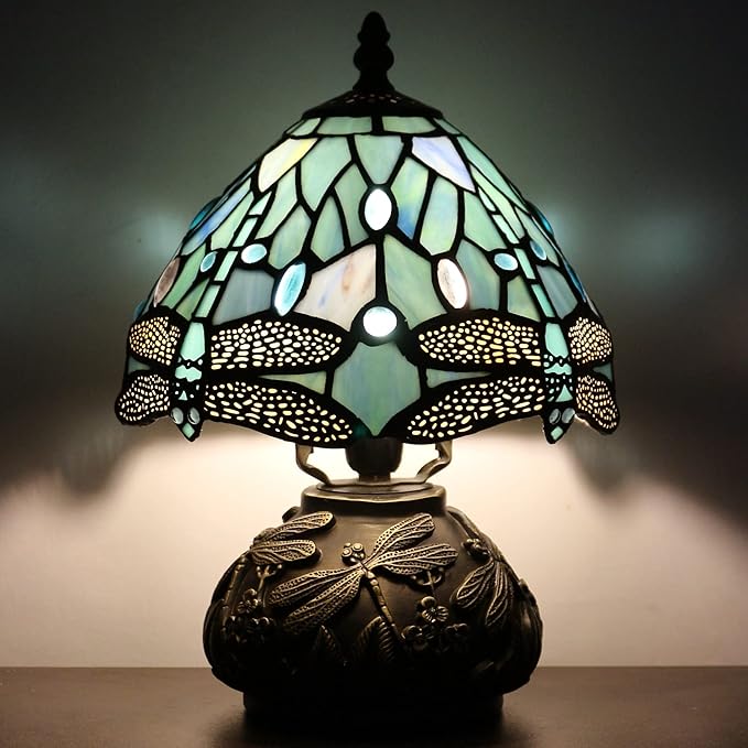 Small Tiffany Lamp Mini Stained Glass Table Lamp Sea Blue Dragonfly Style Mushroom Desk Light Memory Sympathy Lamp 8X11 Inch