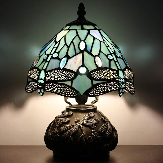 Small Tiffany Lamp Mini Stained Glass Table Lamp Sea Blue Dragonfly Style Mushroom Desk Light Memory Sympathy Lamp 8X11 Inch