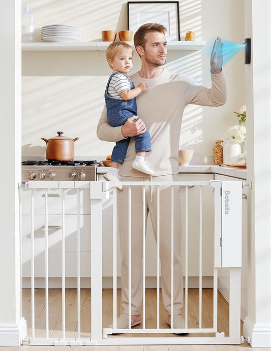 Babelio Smart Baby Gate with Auto-Unlock/Close, Pressure Mounted No Drill for Doorways/Top of Stairs. Pet/Dog Door Wide Walk Thru w/Infrared Sensor & Instant Safety Alert (White, 30.3-47.2" W, 30" H)