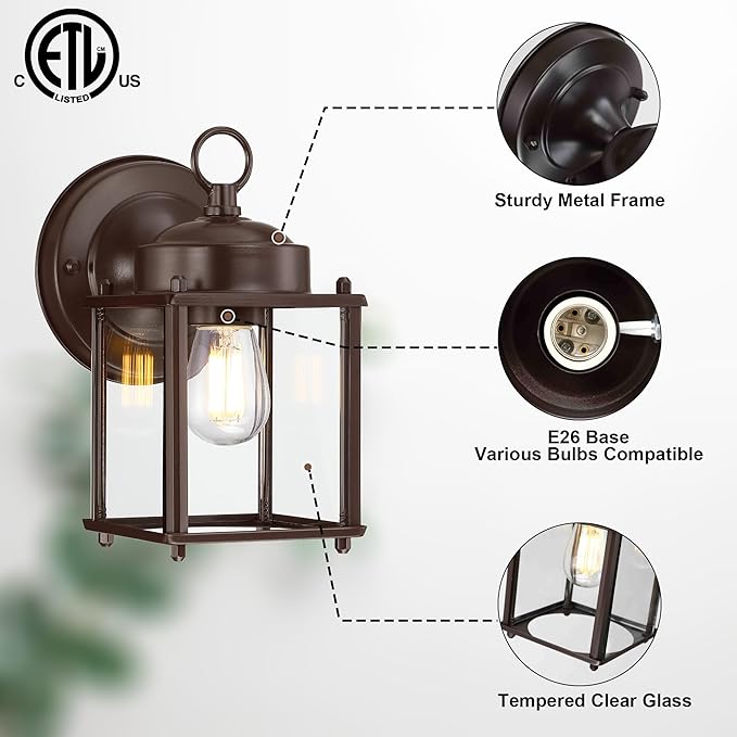 GRUENLICH Outdoor Wall Sconce, Exterior Wall Lighting Fixtures with Clear Glass, Front Porch Lighting, Anti-Rust Outside Wall Lights for Patio, Doorway, Bronze, 2 Pack