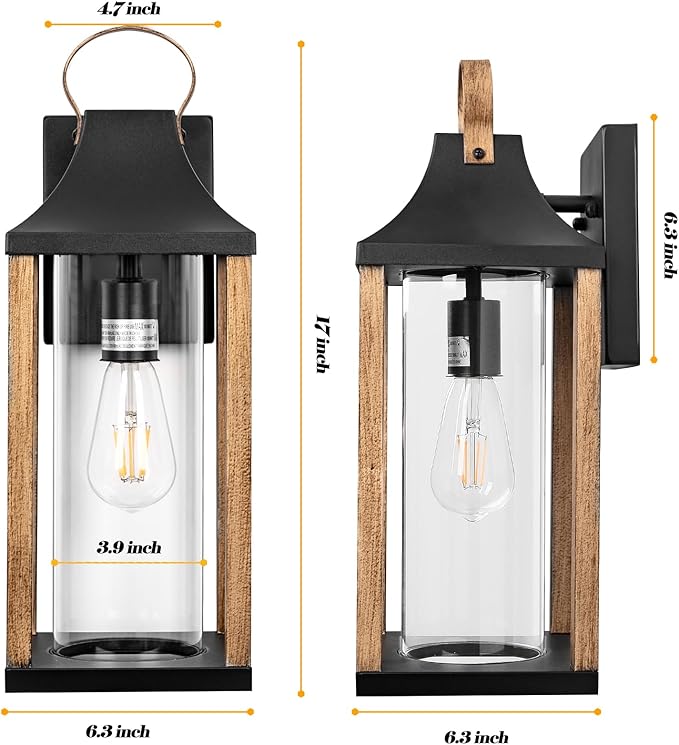 Large Outdoor Wall Light 17" H Light Fixture with Cylindrical Clear Glass Modern Wall Sconce for Patio Porch Courtyard, E26 Base IP65 Waterproof, Rustic Wood