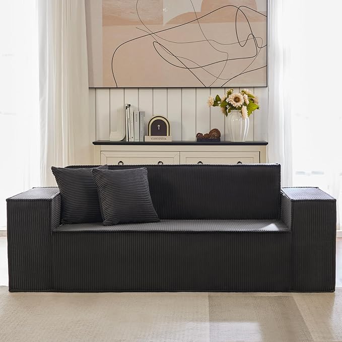 SUYOLS Corduroy Cloud Couch with Pillow, Premium Memory Foam, No Assembly Required, Deep Seat Sofa in Box, Space-Saving Chair for Home, Living Room, Bedroom, Apartment, Office, 3-Seater, Dark Gray