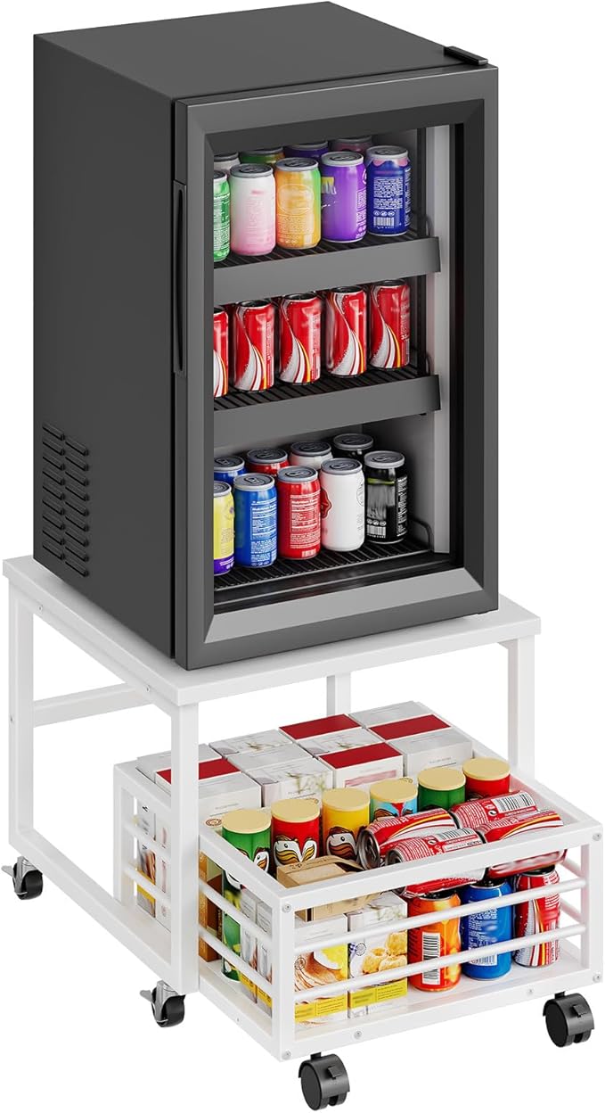 HOOBRO Mini Fridge Stand with Movable Storage Basket, Mini Fridge Cabinet with Wheels and Adjustable Feet, Sturdy Metal Frame, for Home, Apartment, Office, White WW155TL01