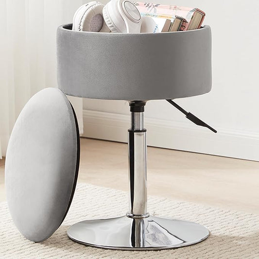 Adjustable Ottoman Stool Grey Vanity Stool Vanity Chair for Makeup Room Stool Chair for Vanity Stool with Storage Makeup Stools with Storage Swivel Makeup Chair for Bathroom Velvet