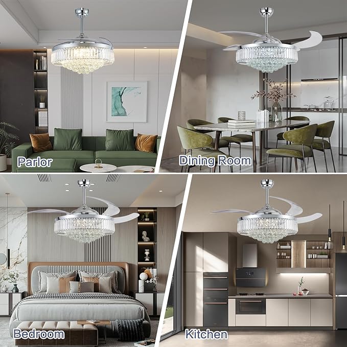 DuMaiWay 52" Dimmable Chandelier Ceiling Fan with Lights, Fandelier, Retractable Crystal Ceiling Fan Chandelier with Remote Control LED Light for Bedroom Living Room Polished Chrome 6 Speed