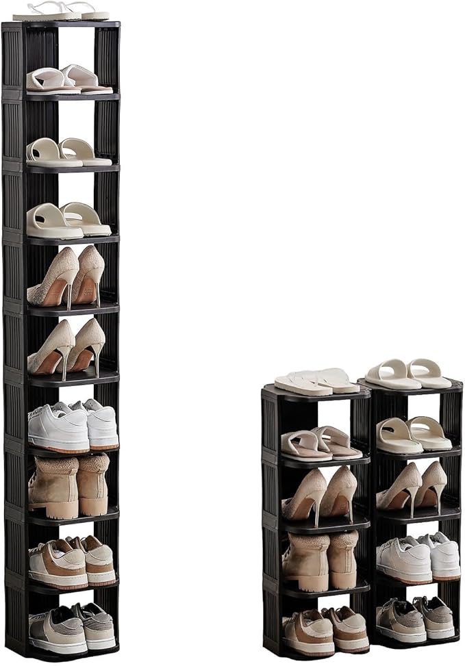 Small Shoe Rack, 10 Tier Plastic Vertical Shoe Rack for Small and Narrow Spaces, Free Standing Shoe Organizer for Closet, Entryway (Black)