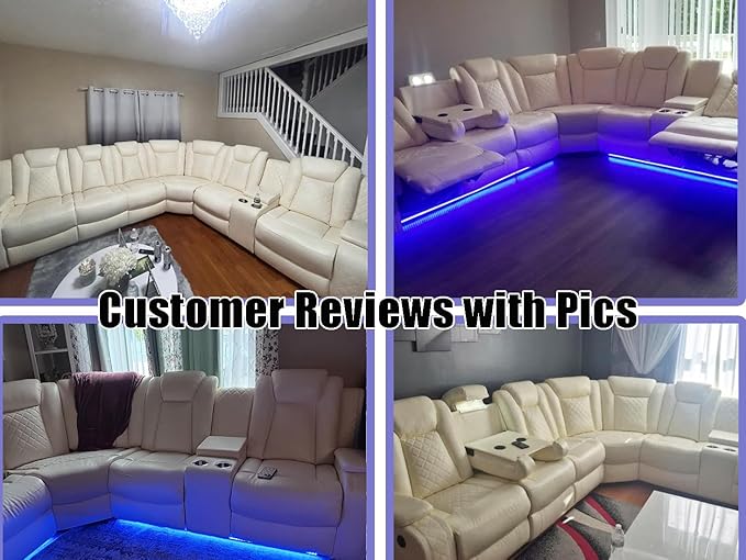 Ivory White Breathing Leather Power Reclining Sectional Sofa Set, Leather Recliner Sofa with LED Light, Living Room Furniture Sets with Storage Console/Cup Holder/USB Port for RV/Home Theater