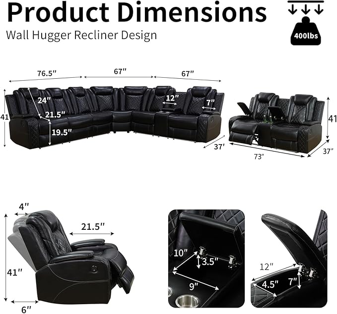 Power Leather Recliner Sectional Sofa with LED Light,L Shaped Reclining Couch with USB Charger/Cup Holder/Storage,Leather Sofa for Living Room Furniture Sets(Black,Sectional+2 Seats)