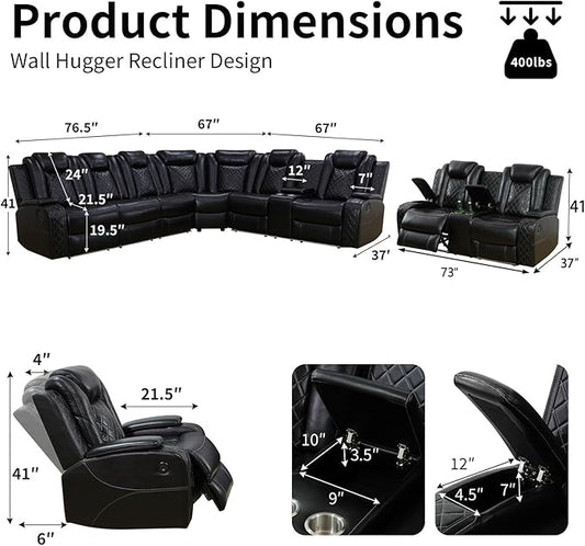 Power Leather Recliner Sectional Sofa with LED Light,L Shaped Reclining Couch with USB Charger/Cup Holder/Storage,Leather Sofa for Living Room Furniture Sets(Black,Sectional+2 Seats)