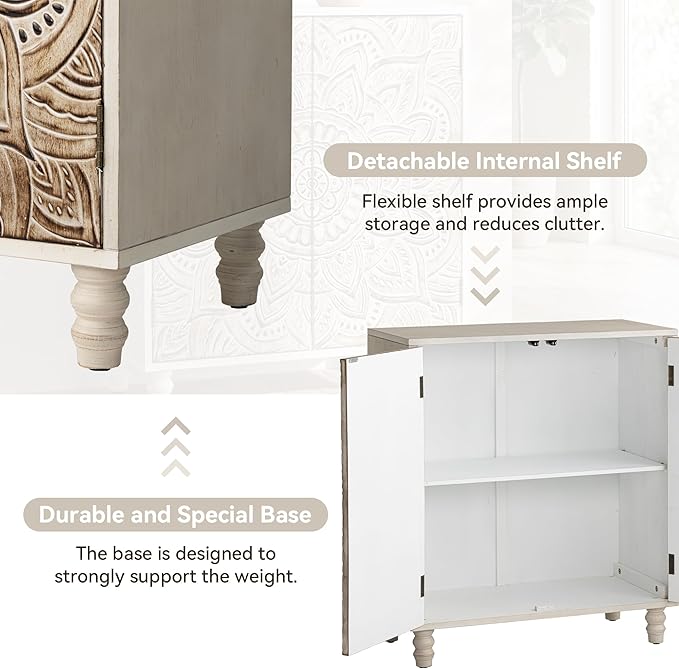 COSIEST Set of 3 32" Accent Storage Cabinets, Vintage Lotus Pattern Sideboards with Push-to-Open Doors, Carved Wood Buffet Table for Entryway, Kitchen, Living Room, Gray