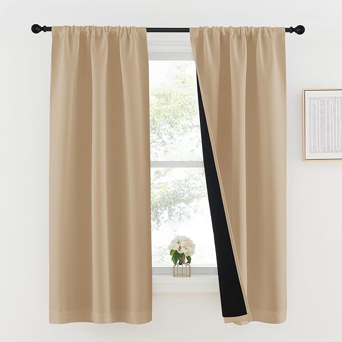 NICETOWN Biscotti Beige 100% Blackout Lined Curtains, 2 Thick Layers Completely Blackout Rod Pocket Thermal Insulated Drapes for Kitchen/Bedroom (1 Pair, 37 inches Width x 63 inches Length Each Panel)