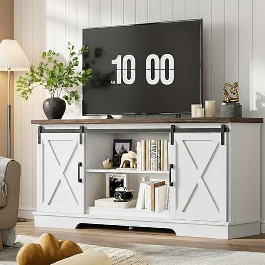 GarveeHome Farmhouse Tv Stand for 65 in TVs, Entertainment Center with Sliding Barn Doors and Adjustable Shelf, Modern Media TV Console TV Stand Table for Living Room, Bedroom, White