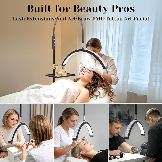 Bling Lash Light for Eyelash Tech, Flexible Neck Led Half Moon Light Floor Lamp for Eyelash Extensions/Tattoo Artists/Estheticians, Sparkly Lash Lights, with Stand Tray, Crystal Diamond
