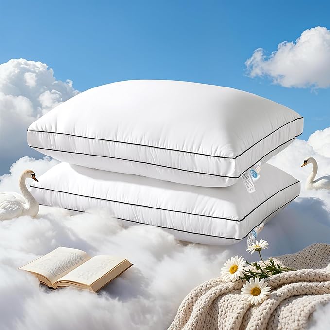 RDS Certified Goose Feather & Down Pillows, 3-Chamber Gusseted Design for Balanced Neck Support, 100% Cotton Cover, Hotel Style Bed Pillow for Side and Back Sleepers,Standard Size Set of 2, 20" x 26"