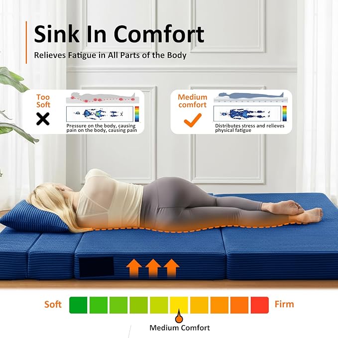 JKMAX Queen Size Folding Sofa Bed - 4 in 1 Convertible Sleeper Chair with Two Pillows - High Density Memory Foam Futon Couch - Foldable Bed for Living Room Bedroom (Blue)
