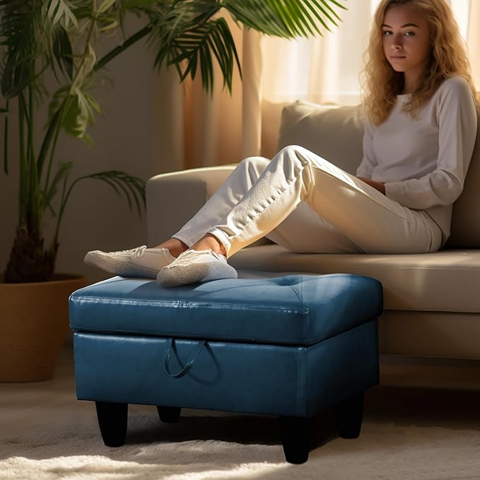 Ottoman Rectangular Storage Ottoman Bench, Faux Leather Footrest, Coffee Table, Stool Footstool with Hinged Lid for Living Room, Bedroom, Entryway, Navy Blue, 28.5"x19"x17.5"