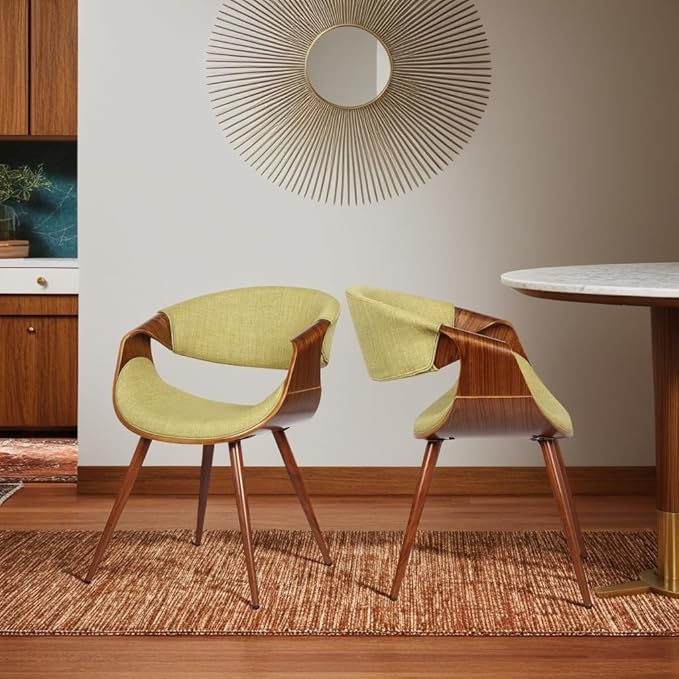 Armen Living Butterfly Mid-Century Dining Chair in Walnut Finish and Green Fabric