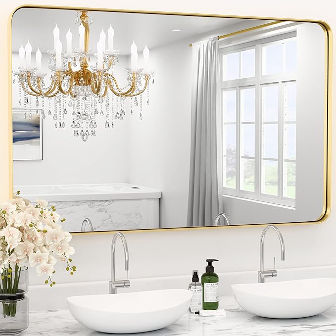 32"X36" Large Gold Metal Framed Bathroom Mirror for Wall, Large Mirrors for Spacious Rooms,Gold Rounded Rectangle Mirror, Brushed Gold Bathroom Vanity Mirror Farmhouse, Anti-Rust, Tempered Glass