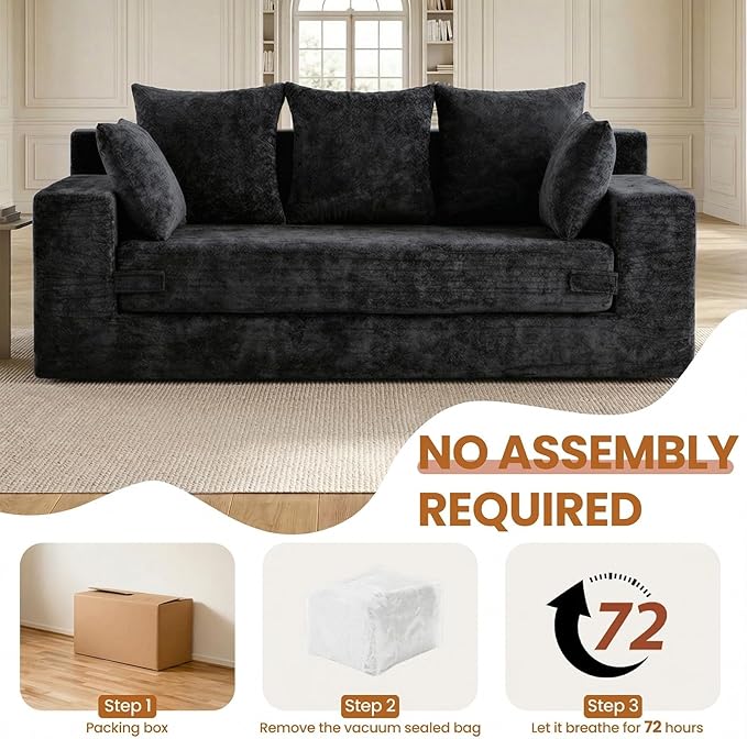 Convertible Sofa Bed, 5 in 1 Small Boneless Couch Pull Out Loveseat Sleeper Sofa,Corduroy Futon Couch Folding Mattress with 4 Pillows for Living Room Bedroom Lounge (Black, 3 Seater)