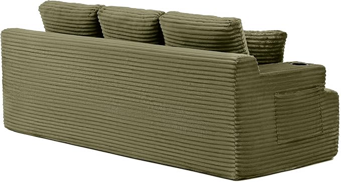 Eafurn Floor Loveseat Boneless Sofa Couch in a Box with Cup Holder and Side Pockets, 3 Seater Comfy Corduroy Upholstered Foam Couch with Deep Seating for Living Room,No Assembly | Breathable material, Cupholders