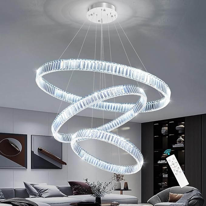 24''+32''+40'' Modern Ring Chandelier Crystal Chandeliers for Dining Room Round LED Dimmable Ceiling Light Fixture for Living Room Bedroom Lighting Silver