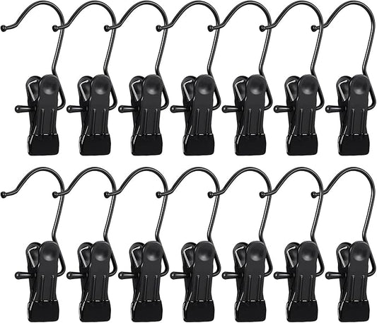 15 Pack Boot Hanger for Closet, Laundry Hooks with Clips, Boot Holder, Hanging Clips, Portable Multifunctional Hangers Single Clip Space Saving for Jeans, Hats, Tall Boots, Towels(Black/Black)
