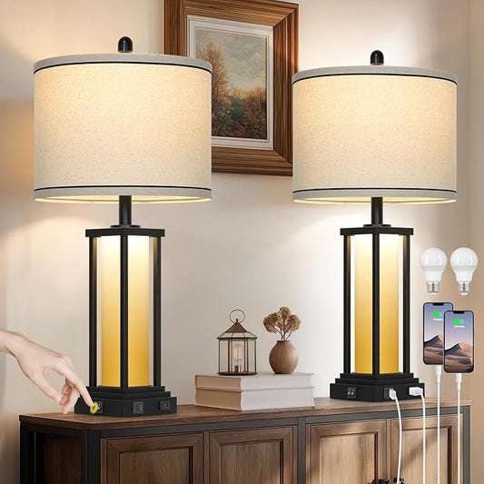 27in Tall Farmhouse Table Lamp Set of 2 with USB C+A & Outlet,Orange Industrial End Table Lamp for Living Room,Vintage Rustic Bedside Lamps with Night Light for Bedroom Nightstand