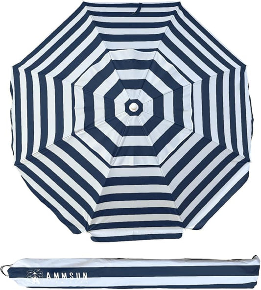AMMSUN 6.5ft Portable Beach Umbrella for Sand with air vent Tilt Pole, Carry Bag UV 50+ Protection Outdoor Umbrellas Windproof for Patio Garden Beach Pool Backyard Navy Stripe