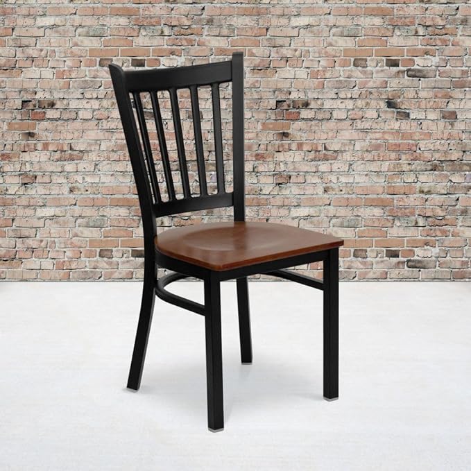 Flash Furniture 2 Pack HERCULES Series Black Vertical Back Metal Restaurant Chair - Cherry Wood Seat