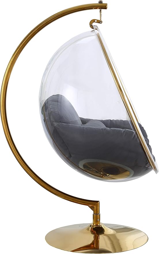 Meridian Furniture Luna Collection Modern | Contemporary Clear Acrylic Accent Swing Chair with Gold Metal Base and Durable Fabric Seat, 41.5" W x 29.5" D x 64" H, Grey