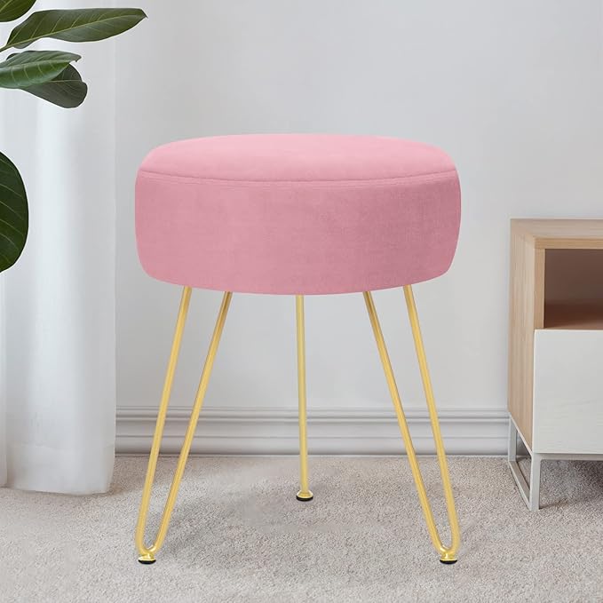 Velvet Soft Modern Vanity Stool -Round Footrest Stool Ottoman Side Table Seat Dressing with Golden Metal Leg and Sponge Filling,Upholstered Foot Rest, for Living Room and Bedroom Pink