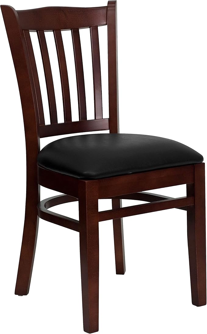 Flash Furniture HERCULES Series Vertical Slat Back Mahogany Wood Restaurant Chair - Black Vinyl Seat