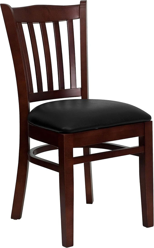 Flash Furniture HERCULES Series Vertical Slat Back Mahogany Wood Restaurant Chair - Black Vinyl Seat
