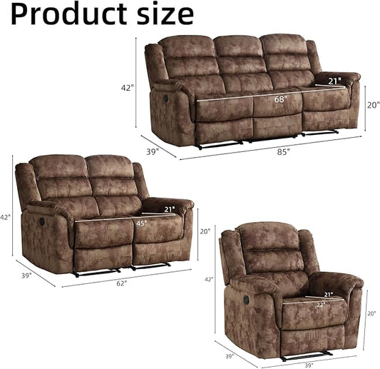 EBELLO 3 Pieces Reclining Living Room Set, Overstuffed Soft Fabric Manual Recliner, Loveseat Recliner and Bonded 3 Seat Reclining Couch Set for Living Room, Brown