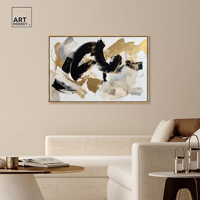 Art Remedy Moved Abstraction Canvas Modern Black White Abstract Wall Art, Gold Frame, 54" x 36"