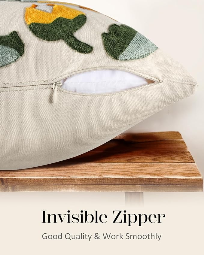 Embroidered Throw Pillow Cover - 18x18 Decorative Pillow Cover with Zipper Aesthetic Cute Design Boho Spring Summer Throw Pillowcase for Living Room Couch Sofa Bed, Sunflower