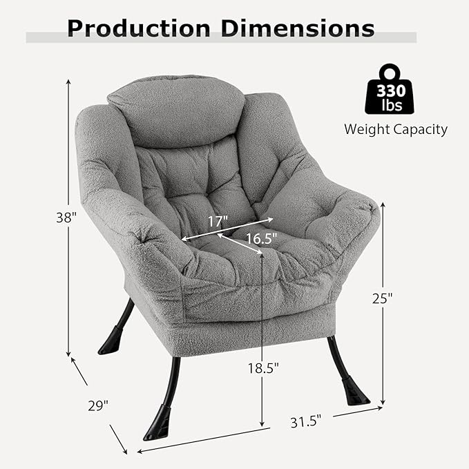Giantex Lazy Chair, Modern Sherpa Accent Chair w/Steel Frame, Upholstered Single Sofa Chair w/Armrests & Side Pocket, Leisure Reading Lounge Chair for Living Room, Bedroom, Office, Dorm (Gray)