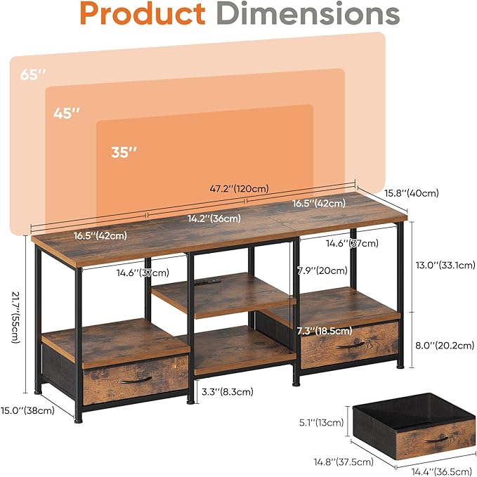 Sweetcrispy Entertainment Center with Stoage Wood TV Stand with Drawers for 65 Inch+ TVS, Television Stands for Living Room Media Console with Charging Station Drawers Shelf Sturdy Frame, 47'' Rustic