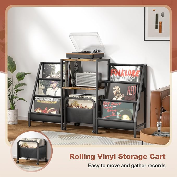 Record Player Stand with Vinyl Storage Cart, Record Player Table with Record Storage 200 Albums, Turntable Stand with Record Holder Vinyl Display Shelf, Record Cabinet Media Stereo