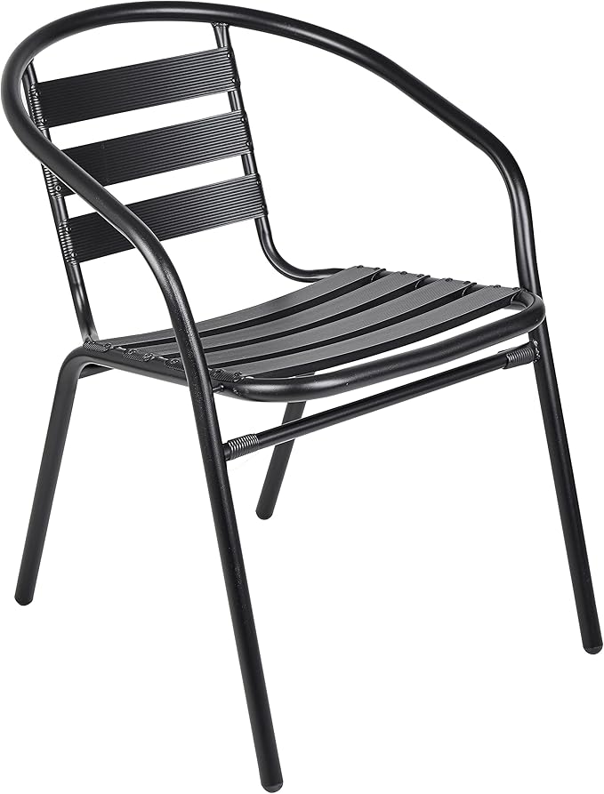 BTEXPERT Indoor Outdoor 28" Tempered Glass Trim Restaurant Aluminum Slat Stack Lightweight, 3 Metal Chairs with a Square Rattan Table, Black/Brown