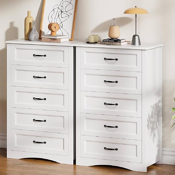Gizoon 5 Drawer Dresser, White Wood Chest of Drawers for Bedroom, 43.3" Large Capacity Storage Cabinet with Anti-Tip Device, for Clothes, Living Room, Hallway, Office