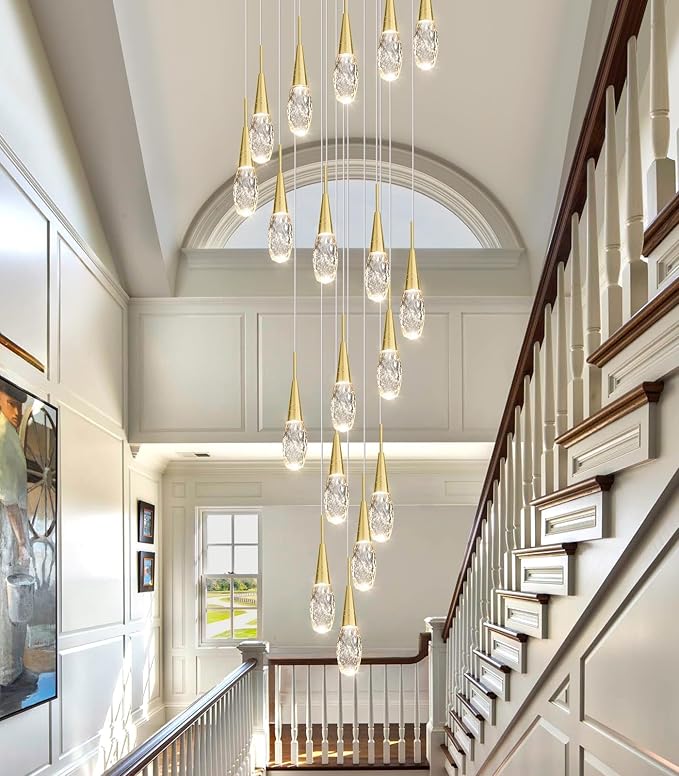 18-Lights 138 Inches Modern Chandelier LED Light Fixtures High Ceiling Long Light Chandelier for Entrance Foyer Dimmable Lights with Remote Living Room Ceiling Pendant Lighting Drop Lights Shine Gold