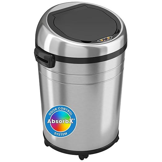 iTouchless 18 Gallon Commercial Size Touchless Sensor Trash Can with Odor Control System & Wheels, 68 Liter Stainless Steel Round Automatic Garbage Bin