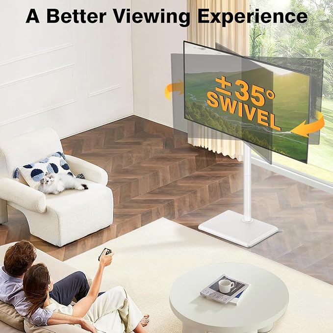 TVON Floor TV Stand with Mount for Most 32-60 Inch TVs up to 88lbs, Height Adjustable TV Floor Stand with Wood Base for Space Saving, Tall Floor TV Stand for Bedroom, Corner & Living Room, White