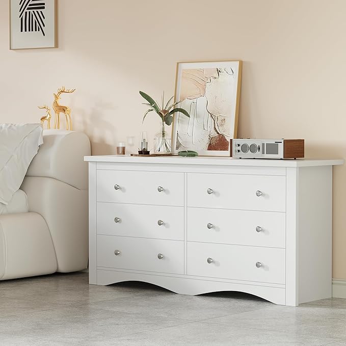Furmax Dresser for Bedroom, 6 Wood Dresser, Chest of Drawers, for TV up to 65 inch, TV Stand Storage Chest of Drawers for Hallway Entryway (White)