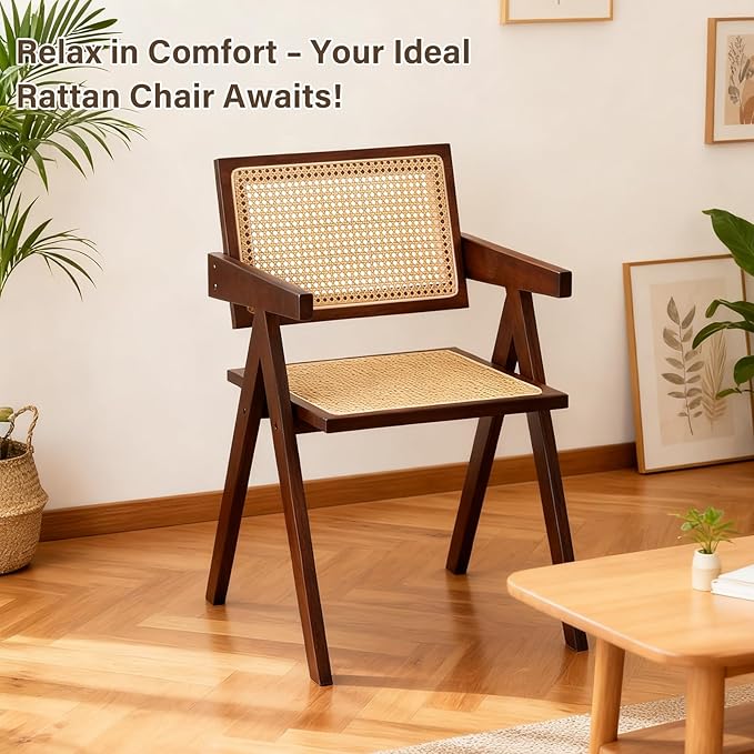 Rattan Accent Chairs, Modern Mid Century Dining Chairs Set of 4, Comfy Armchairs, Outdoor Rattan Chairs with Armrest for Bedroom Living Room Reading Room Dining Kitchen, Brown