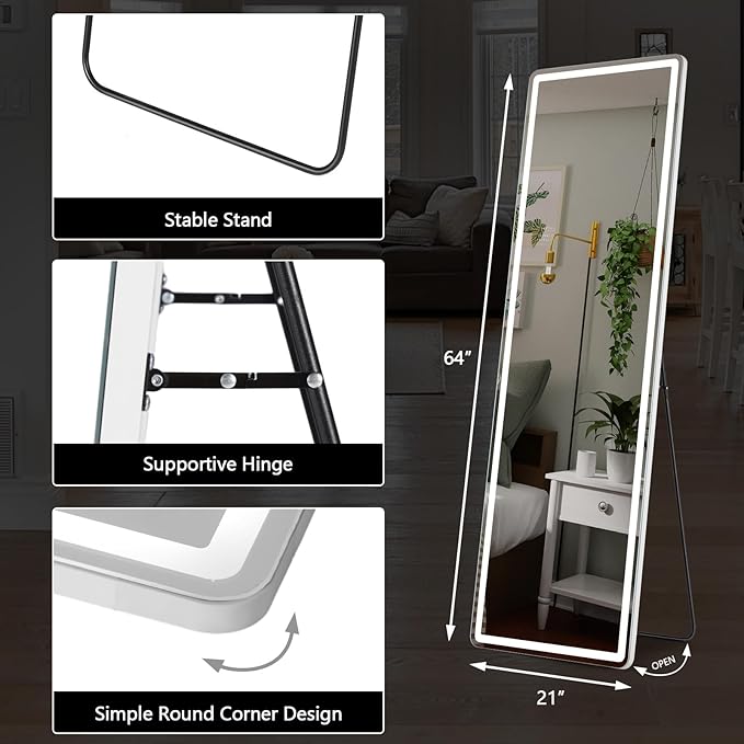 Alpen 64"x21" Full Length Mirror with LED Lights, Lighted Full Body Mirrors, Aluminum Frame Mirror with Dimming & 3 Color Lighting, Hanging Mounted Mirrors for Bedroom Dressing Room Cloakroom