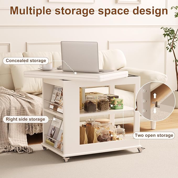 Folding Dining Table with Wheels, Solid Wood Dining Table Stylish 2-Tier Design for 2-4,White Hidden Storage for Living Room,Small Spaces, Dining Room, Kitchen