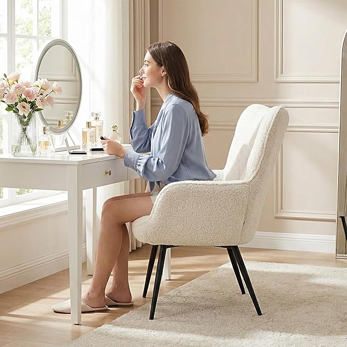 Mid-Century Modern Beige Sherpa Accent Chair, Upholstered Armchair for Living Room/Bedroom/Reading Corner, Curved Back & Padded Seat, High-Density Cushion, Soft Cozy Fabric,Set of 2
