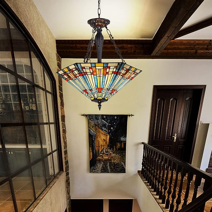 Tiffany Pendant Light Fixtures,22" Wide Stained Glass Inverted Ceiling Pendant for Dining Room,Antique Style 3 Lights Hanging Lamp for Living Room Kitchen Entryway